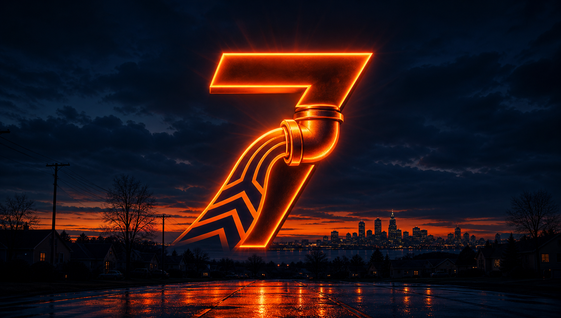Seven Service Pros glowing logo over a Long Island cityscape at dusk