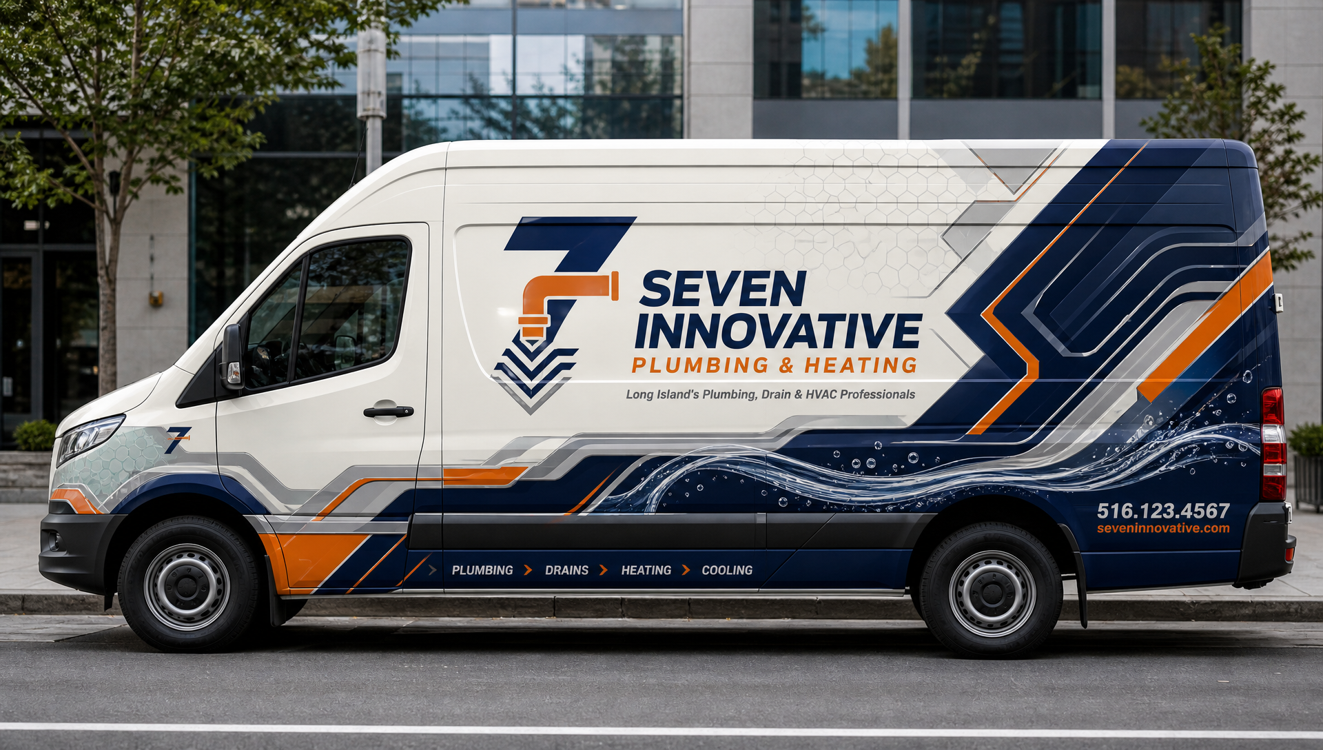 Seven Service Pros service truck with a full navy and orange wrap