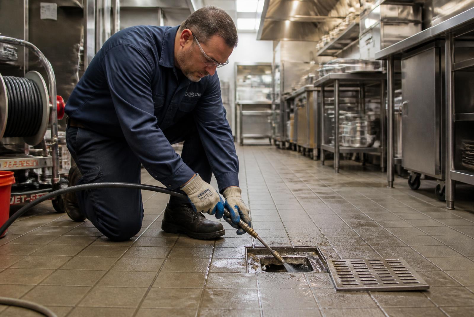 Technician hydro jetting a floor drain in a commercial restaurant kitchen