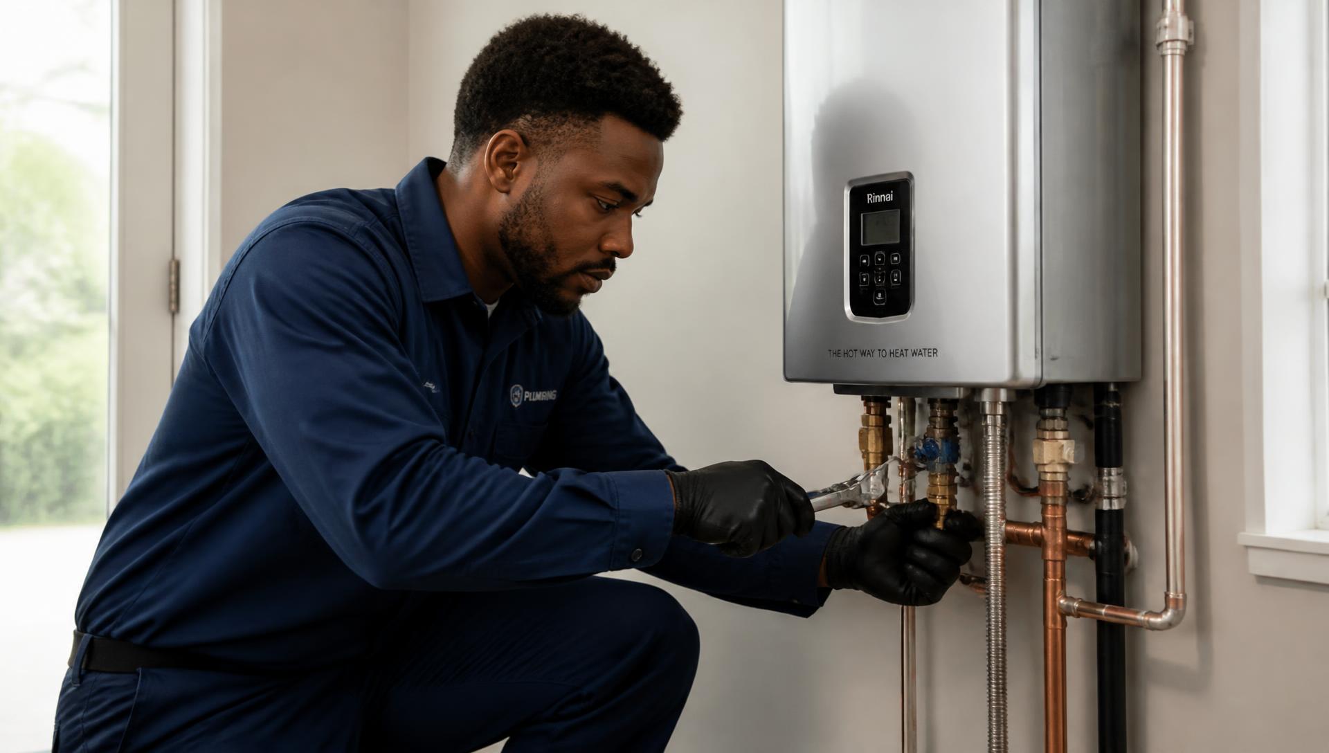 Seven Service Pros technician servicing a tankless water heater in a home utility room